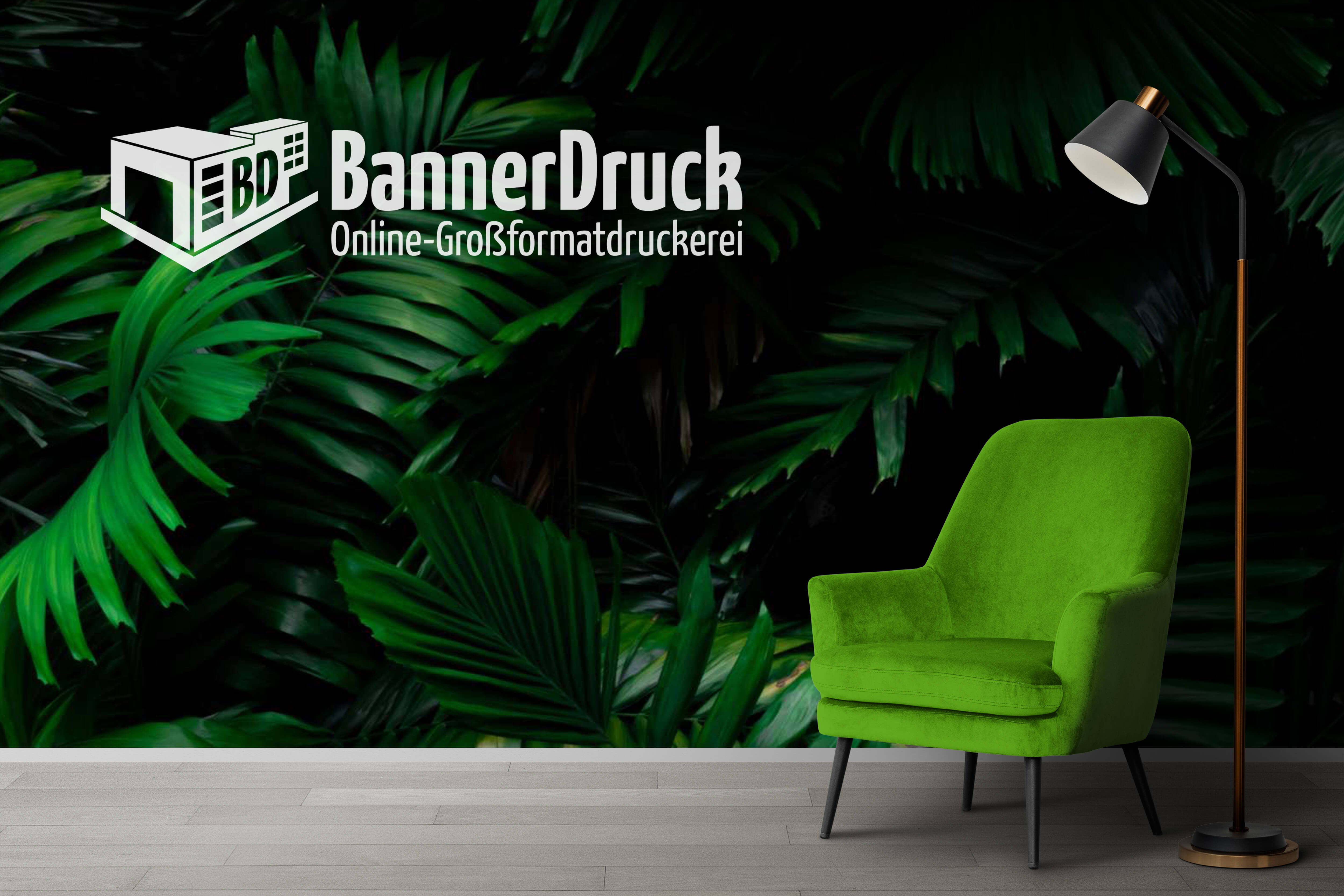 Fototapete mit Bannerdruck Logo und Sessel